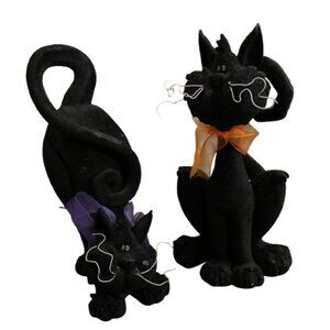 Set 2 Black Flocked Felt Whimsical Halloween Velvet Festive Cats Felines 9" Tall